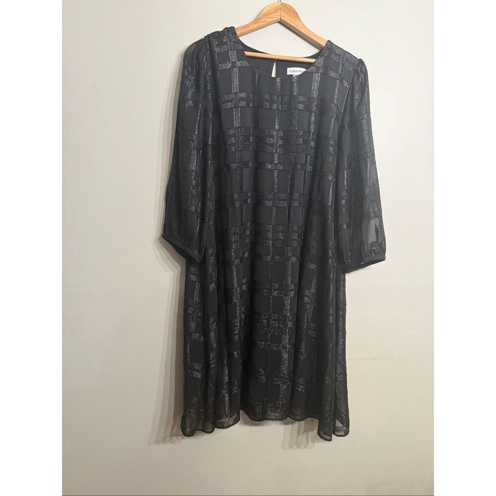 Calvin Klein Black Metallic Chiffon 3/4 Sleeve Keyhole Back A-Line Dress Size 16